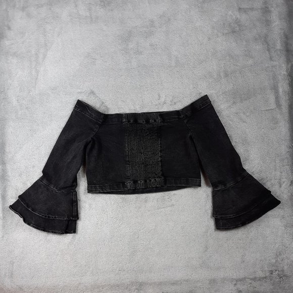 Zara Woman Black Denim Bell Sleeve Crop Top S - Picture 8 of 9